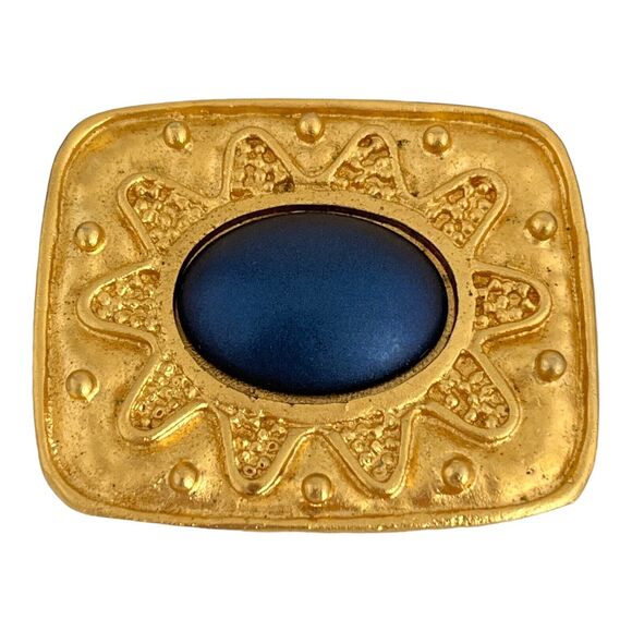Signed Leslie Block Pin Etruscan Matte Gold Tone Blue Cabochon Vintage 4G - Picture 1 of 2